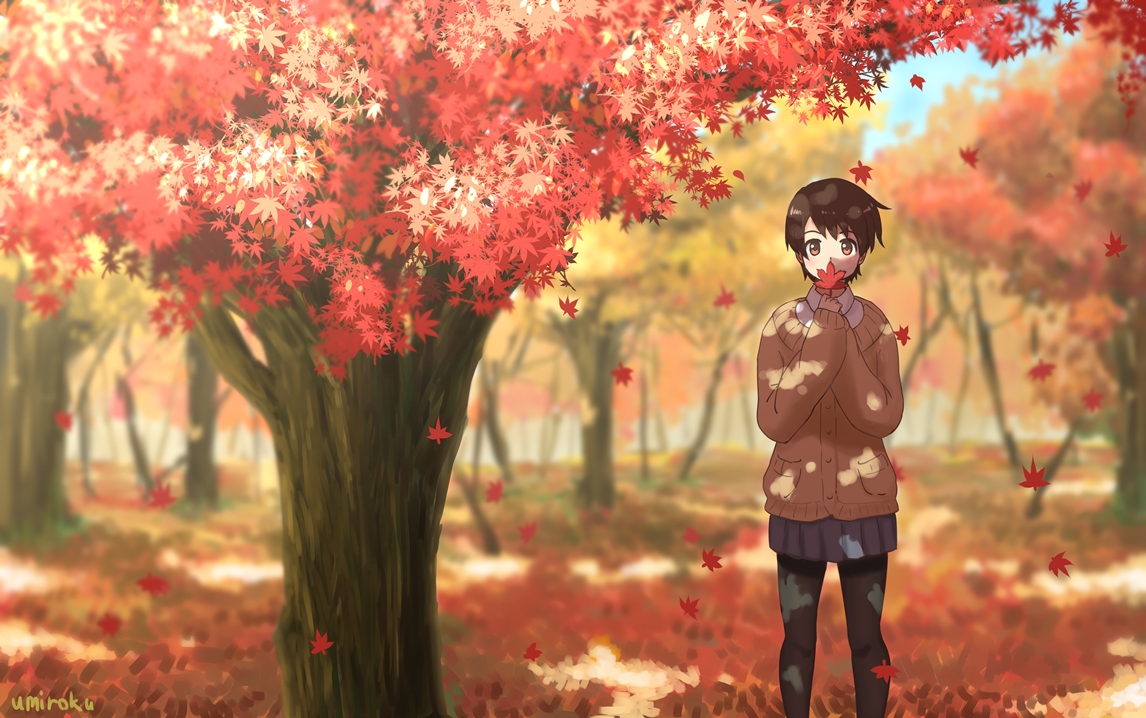 autumn, brown_eyes, brown_hair, forest, leaves, original, school_uniform, short_hair