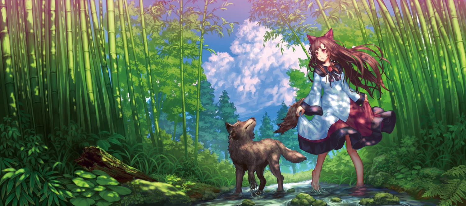 animal, animal_ears, brown_hair, clouds, forest, green, imaizumi_kagerou, long_hair