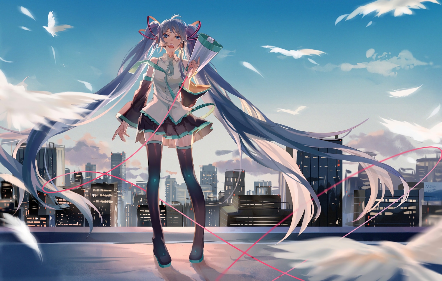 blue_eyes, blue_hair, hatsune_miku, long_hair, skirt, sumery, thighhighs, twintails