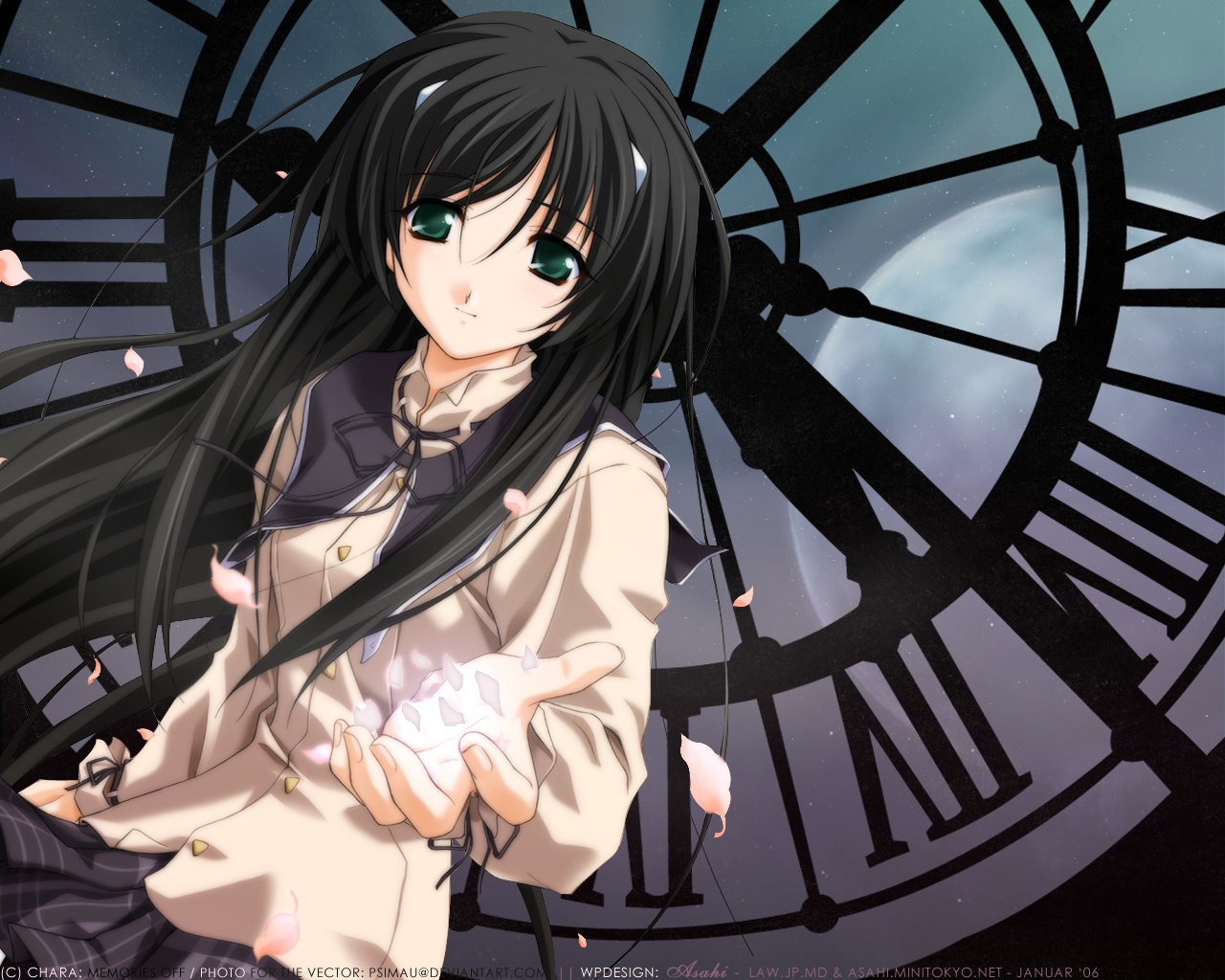 black_hair, cherry_blossoms, flowers, green_eyes, long_hair, memories_off, misasagi_inori, school_uniform