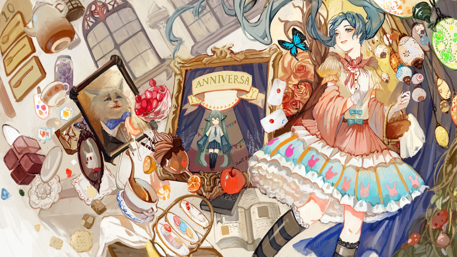 apple, blue_eyes, blue_hair, butterfly, drink, food, fruit, hatsune_miku