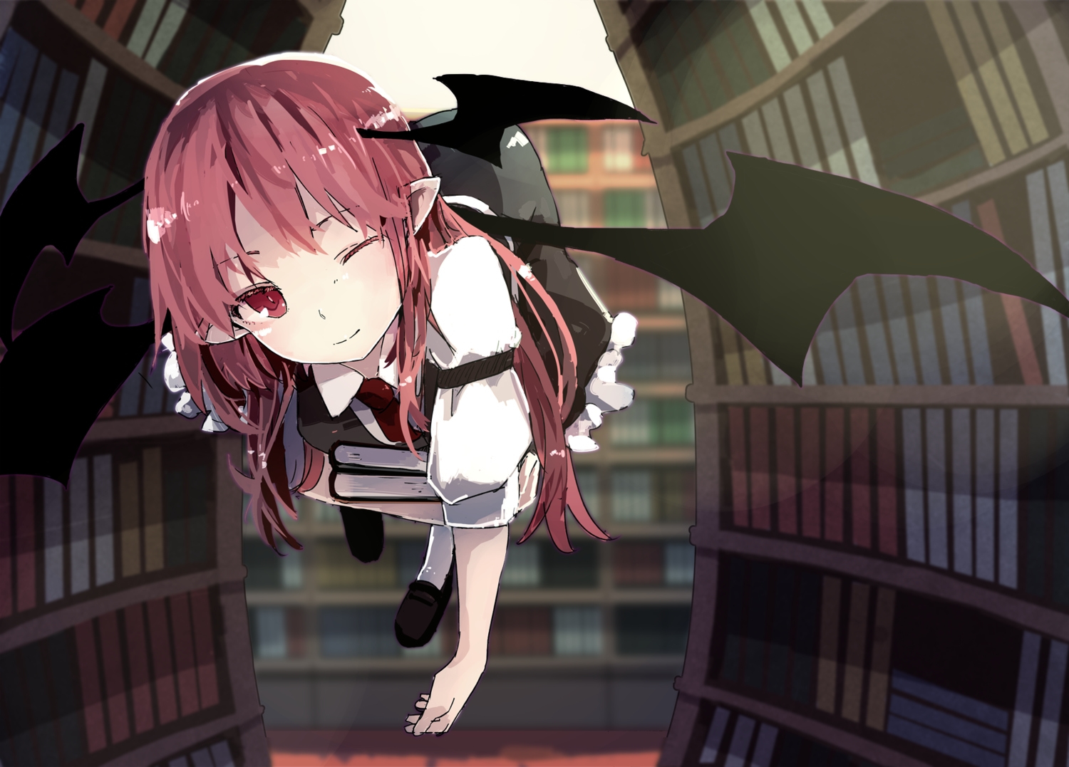 book, demon, futatsuki_eru, koakuma, long_hair, pointed_ears, red_eyes, red_hair, touhou, wings, wink