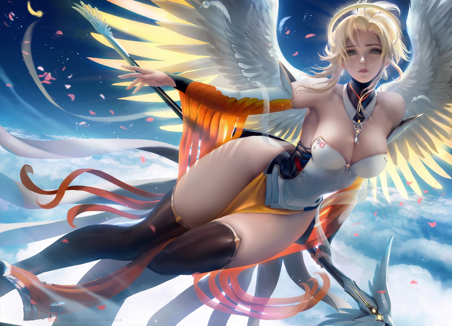 blonde_hair, breasts, gray_eyes, mercy_(overwatch), overwatch, petals, realistic, sakimichan, short_hair, spear, thighhighs, watermark, weapon, wings