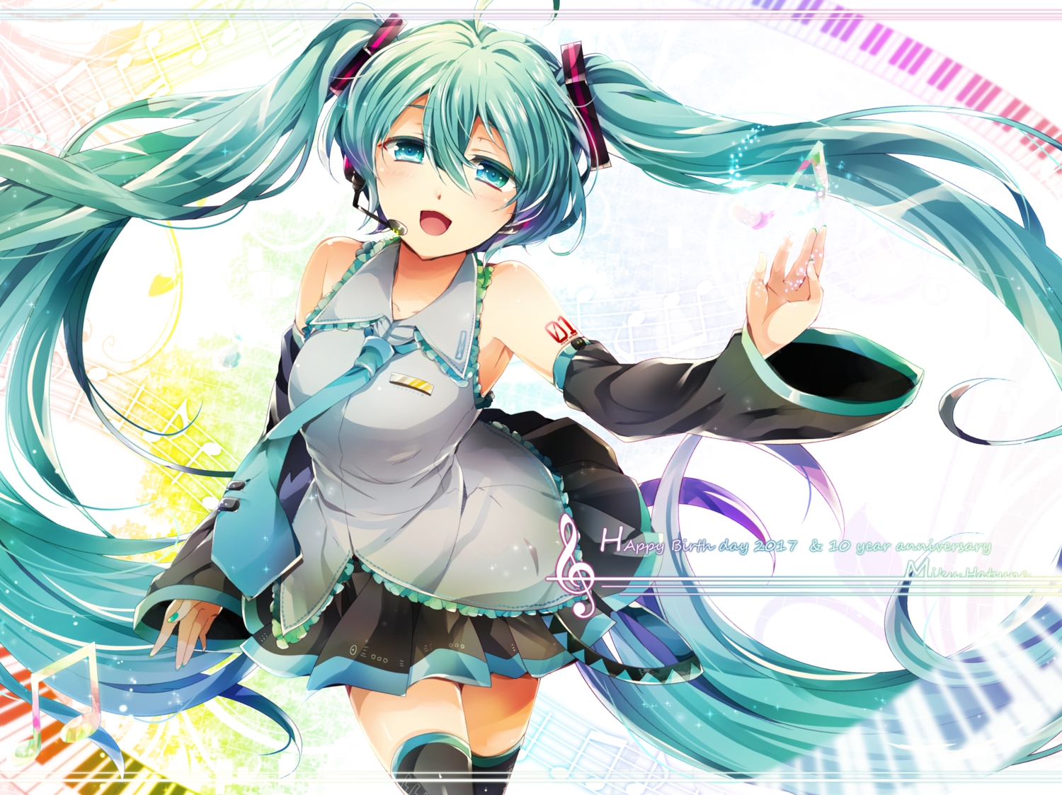 akatsuki_yakyou, hatsune_miku, headphones, long_hair, microphone, skirt, thighhighs, tie