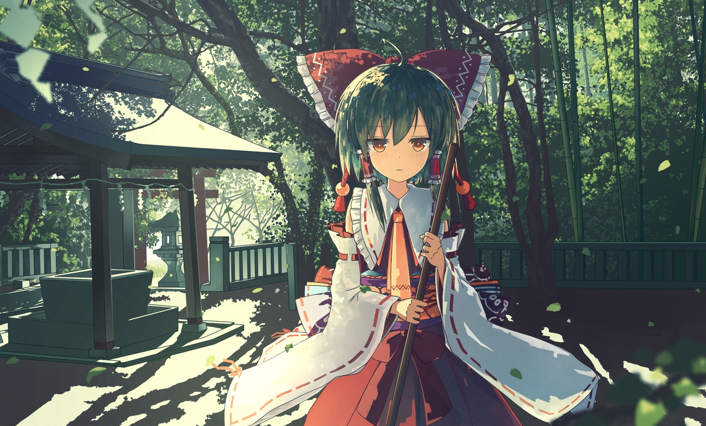 bow, green, hakurei_reimu, japanese_clothes, koyuki_ekaki, miko, short_hair, torii, touhou, tree