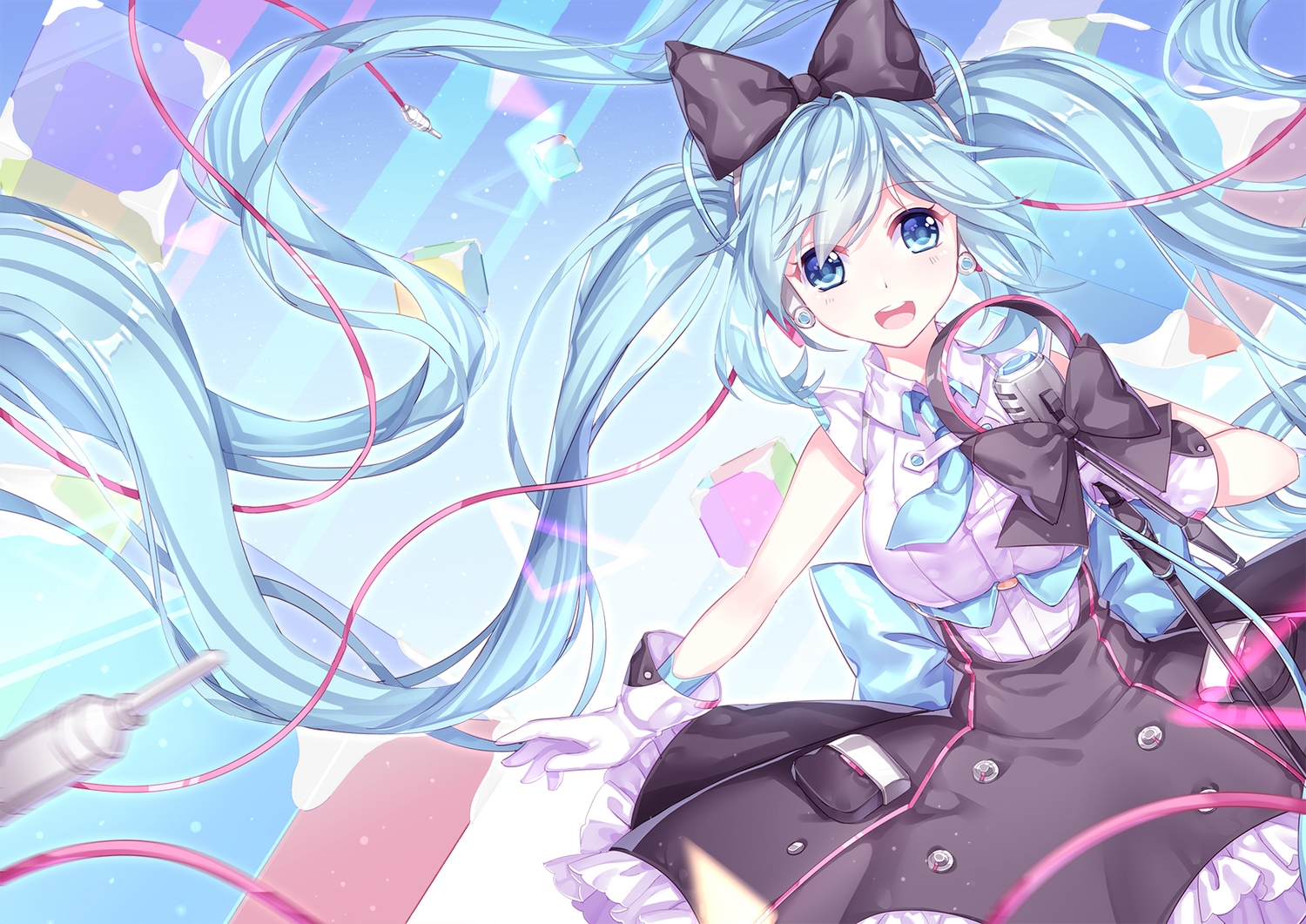 aqua_eyes, aqua_hair, bow, gloves, hatsune_miku, kan_(rainconan), long_hair, magical_mirai_(vocaloid)