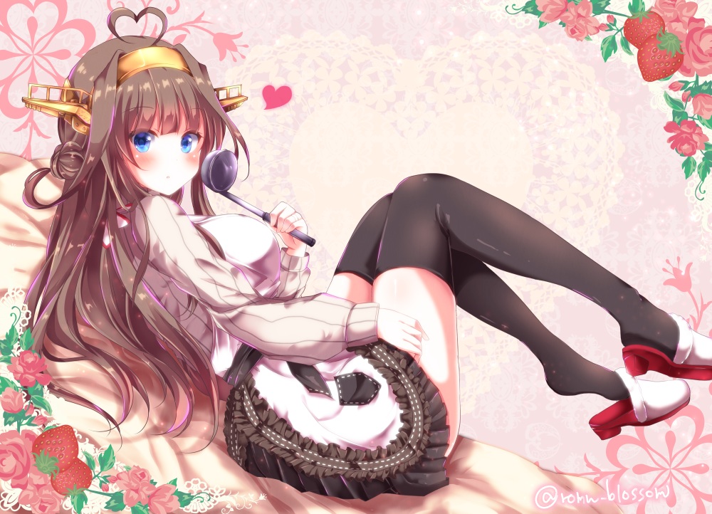 anthropomorphism, apron, blue_eyes, blush, brown_hair, headband, kantai_collection, kongou_(kancolle), long_hair, nanoha-h, signed, thighhighs, zettai_ryouiki