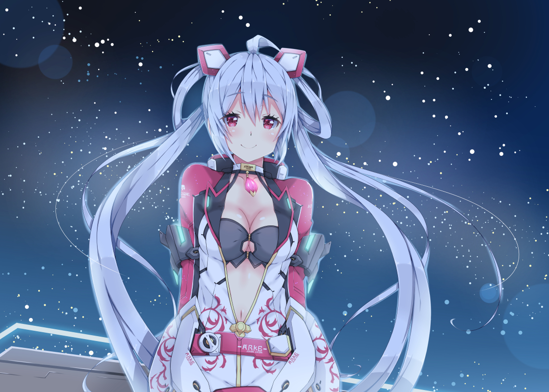 aliasing, breasts, choker, cleavage, long_hair, matoi_(pso2), milkpanda, navel