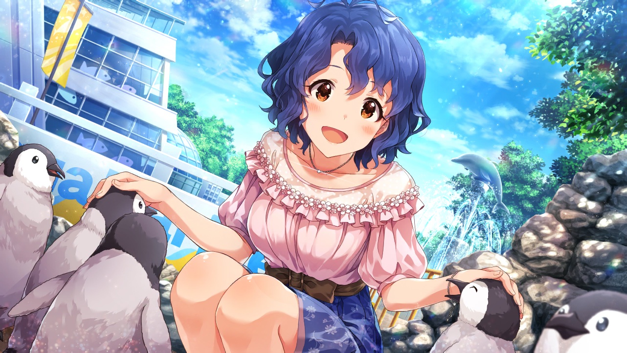 animal, annin_doufu, bird, blue_hair, blush, brown_eyes, idolmaster, idolmaster_million_live!, penguin, skirt, toyokawa_fuuka, tree