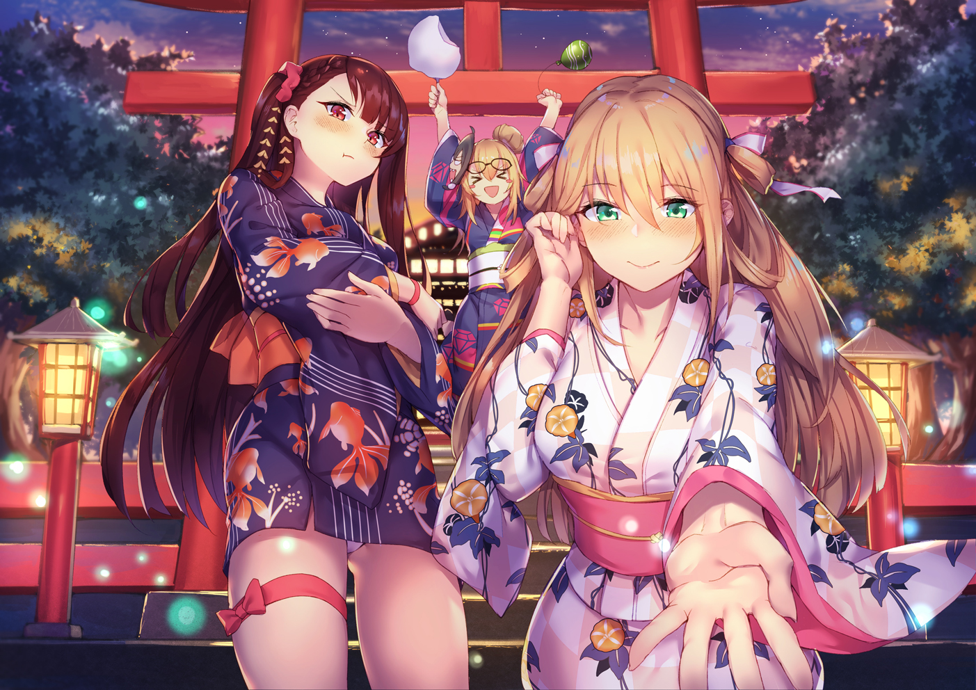 anthropomorphism, blonde_hair, blush, braids, brown_hair, girls_frontline, glasses, green_eyes