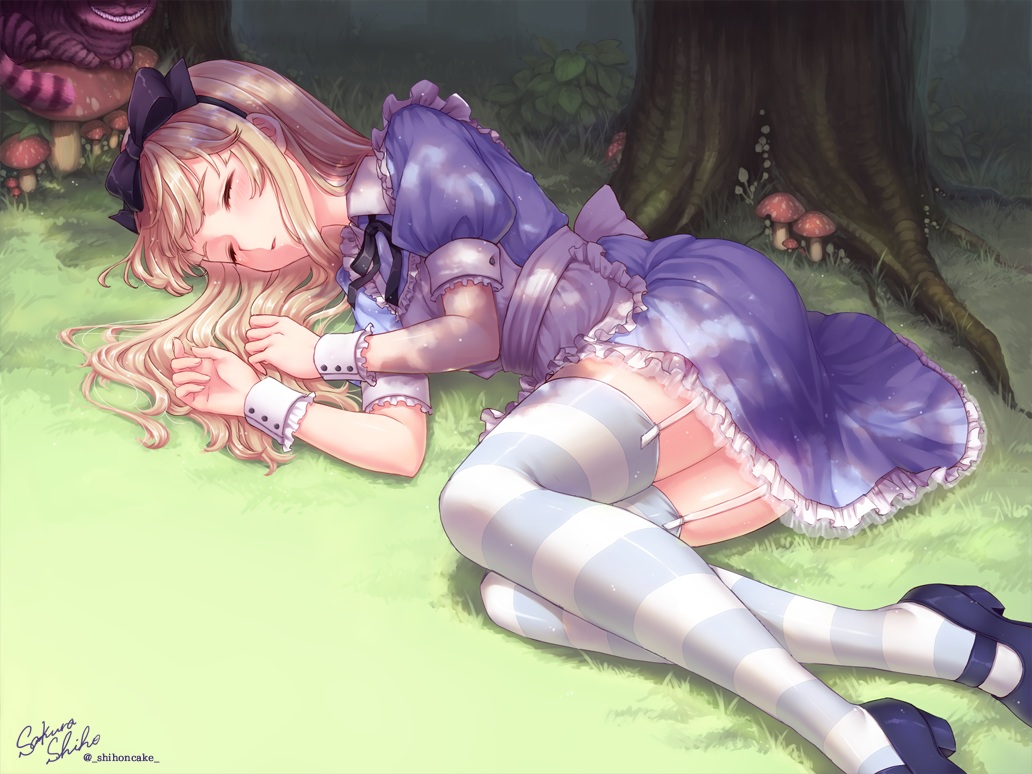 alice_in_wonderland, alice_(wonderland), apron, blonde_hair, blush, bow, chesire_cat, garter_belt, grass, headband, lolita_fashion, long_hair, sakura_shiho_(shihoncake), signed, thighhighs, watermark, wristwear