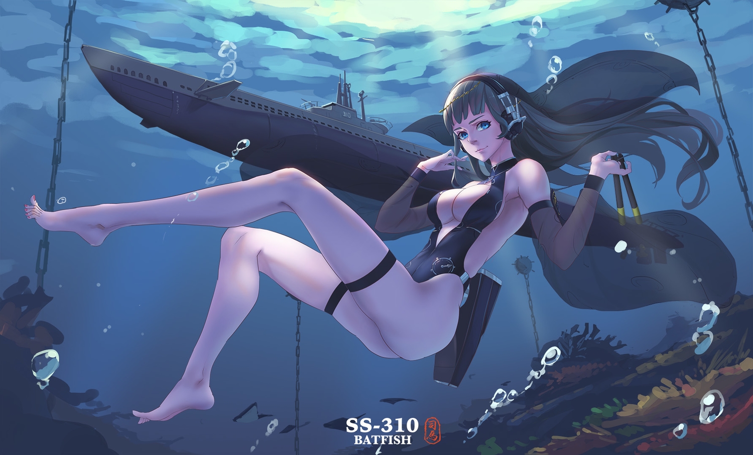 anthropomorphism, aqua_eyes, ass, barefoot, black_hair, breasts, chain, combat_vehicle