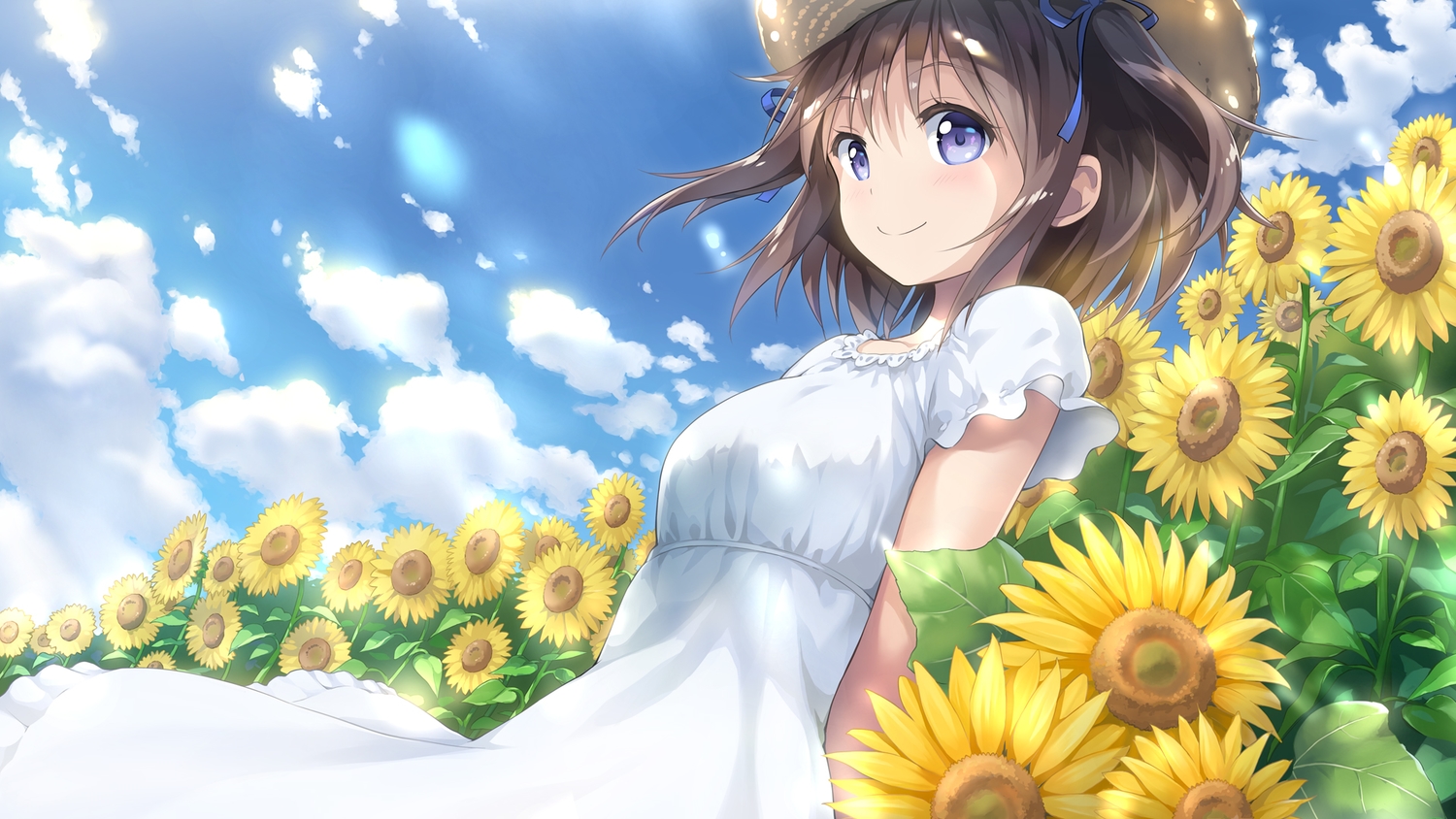 blush, dress, flowers, hat, original, remiina_(reming185), ribbons, summer_dress, sunflower