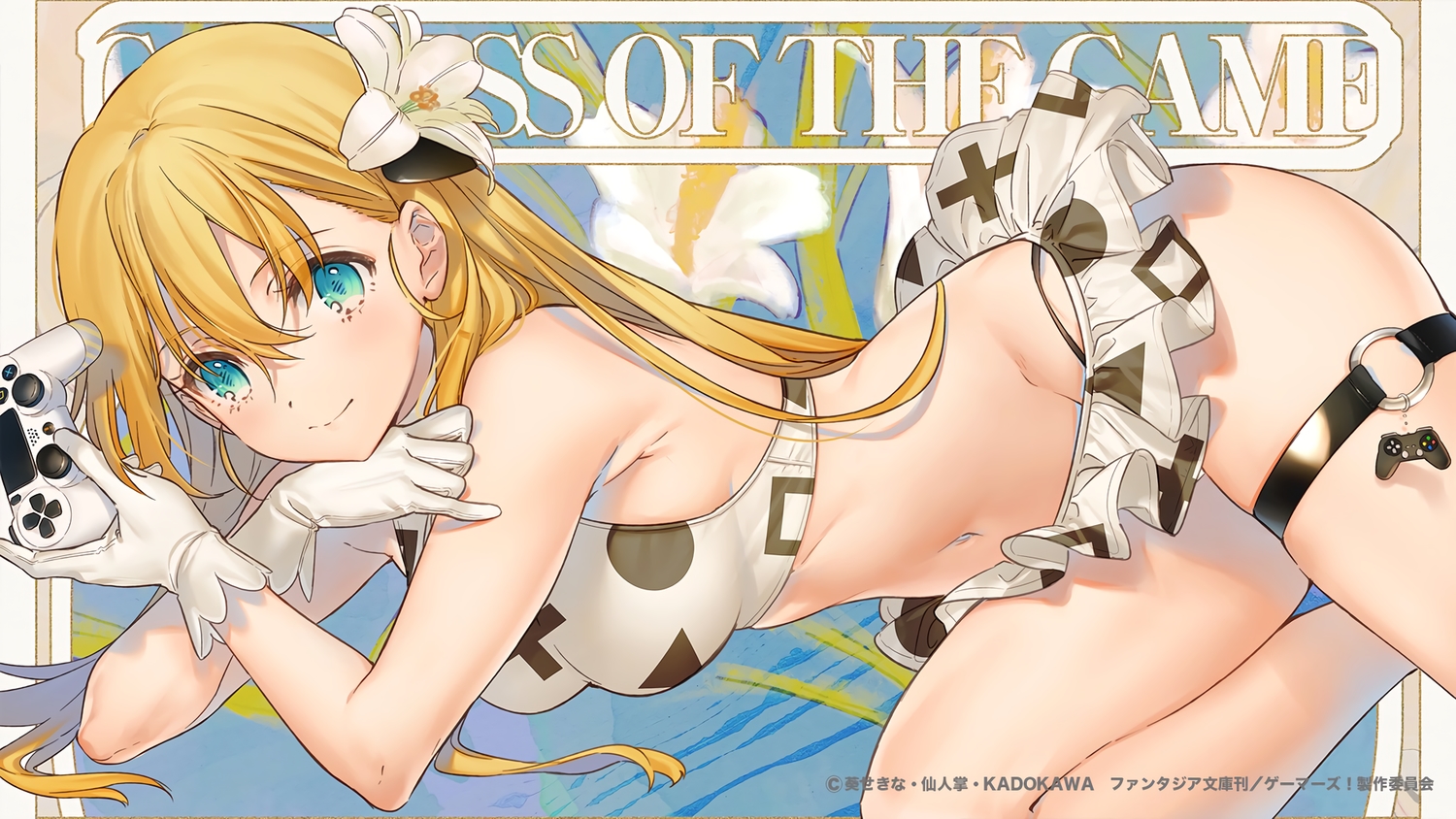 aqua_eyes, bikini, blonde_hair, breasts, gamers!, garter, gloves, kippu