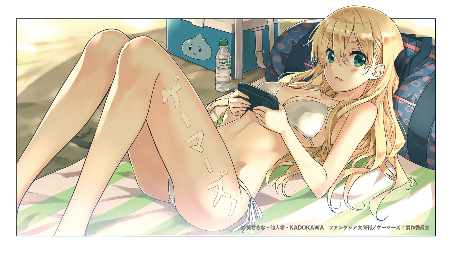 bikini, blonde_hair, blush, breasts, drink, game_console, gamers!, koin_(foxmark), logo, long_hair, red_eyes, swimsuit, tendou_karen
