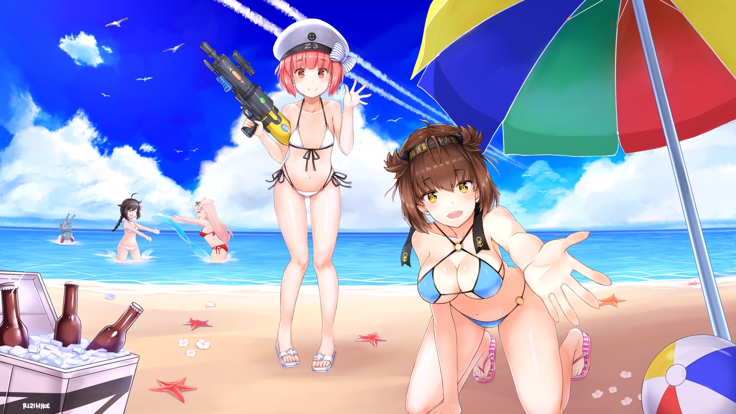 animal, anthropomorphism, ball, beach, bikini, bird, blue_eyes, bow