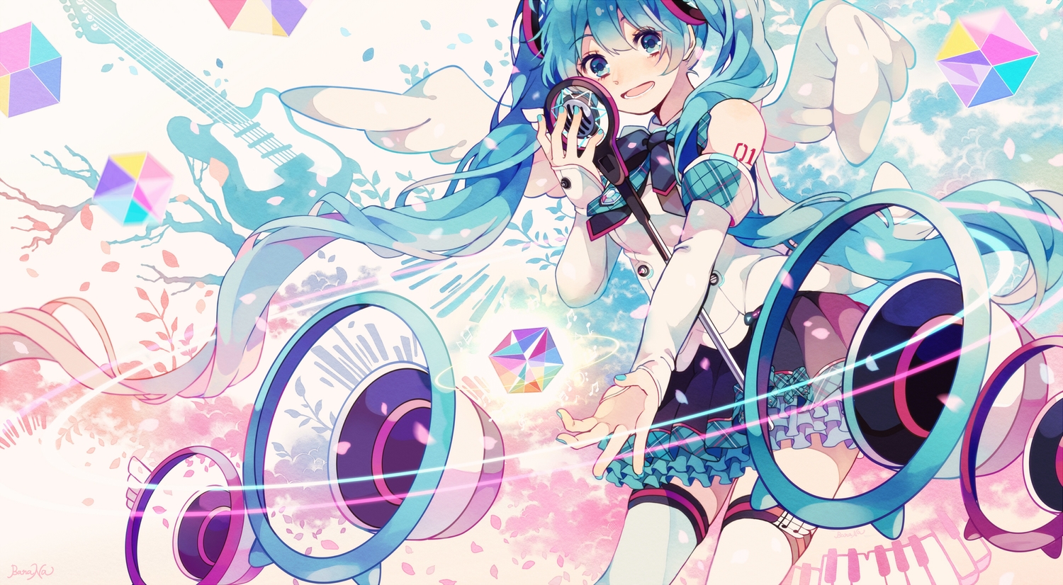amagi_hana, aqua_eyes, aqua_hair, hatsune_miku, long_hair, magical_mirai_(vocaloid), microphone, signed, skirt, thighhighs, twintails, vocaloid, wings