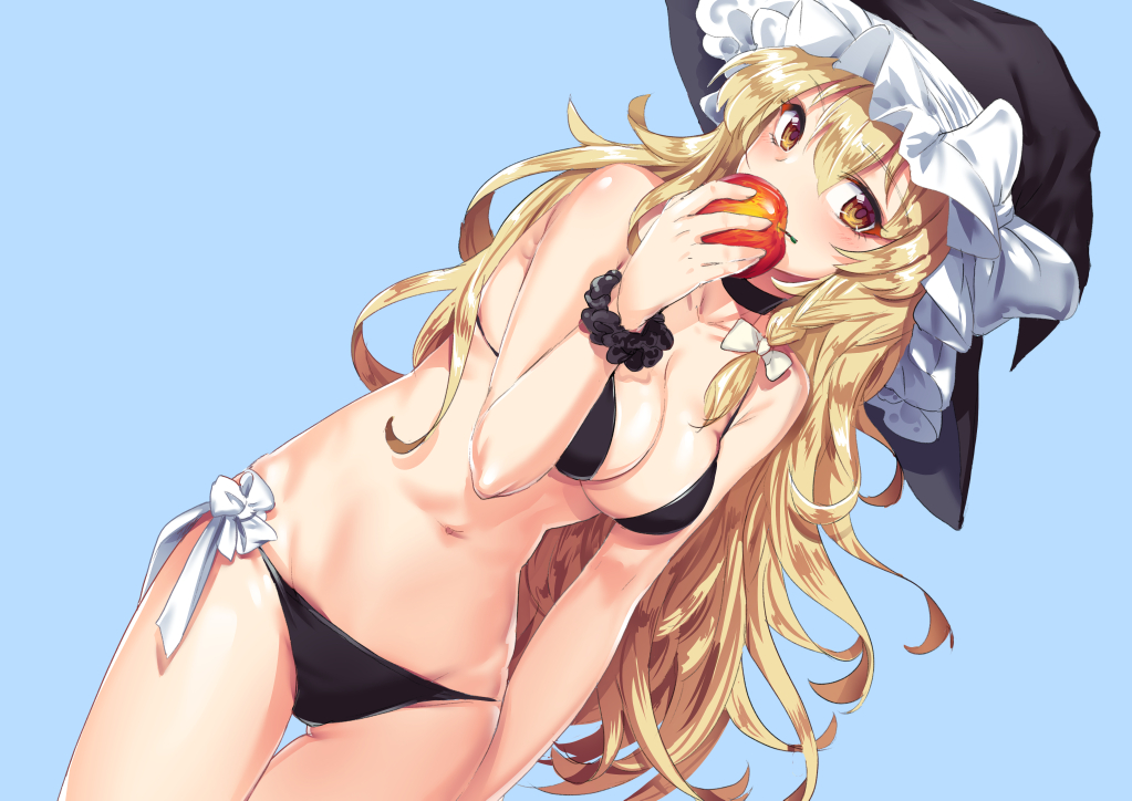 apple, bikini, blonde_hair, blue, bow, breasts, brown_eyes, cibo_(killy), food, fruit, hat, kirisame_marisa, long_hair, navel, swimsuit, touhou, witch_hat, wristwear