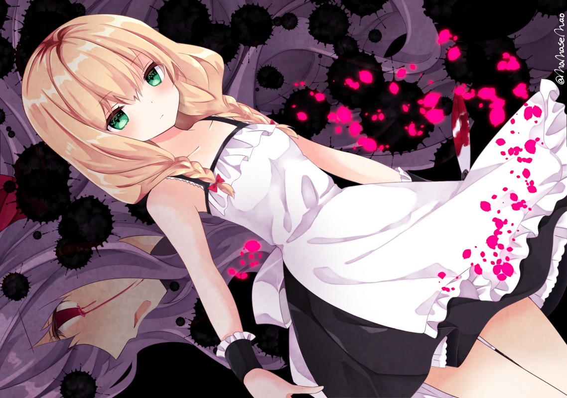 blonde_hair, blush, dress, ellen_(majo_no_ie), green_eyes, majo_no_ie, nanase_nao, purple_hair