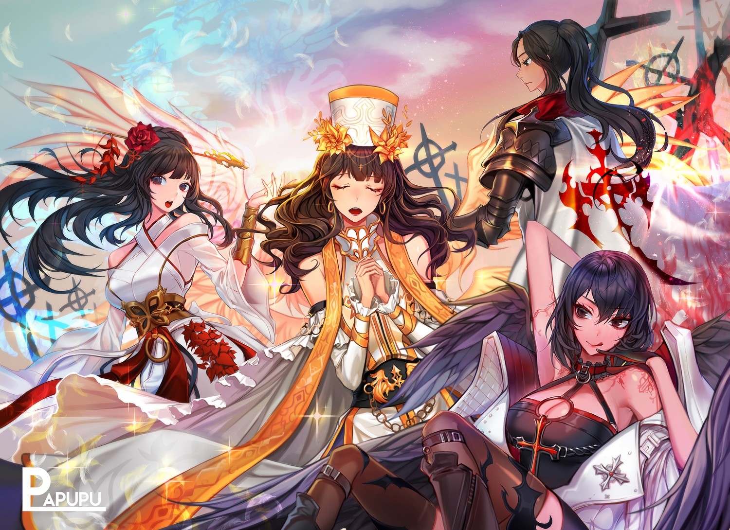 armor, black_hair, brown_eyes, brown_hair, dungeon_and_fighter, group, headdress, long_hair