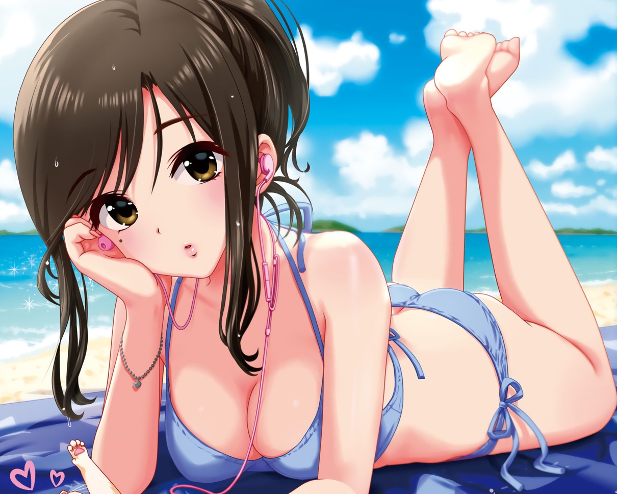 ass, barefoot, bikini, breasts, brown_eyes, brown_hair, cleavage, cropped