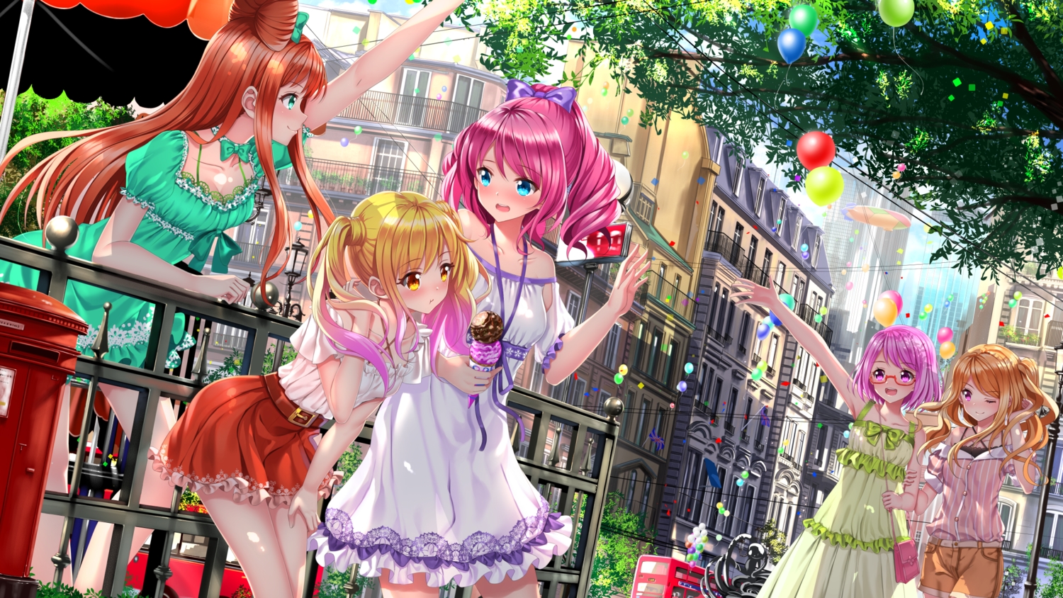 aikatsu!, aqua_eyes, blonde_hair, blush, bow, building, city, dress, food, glasses, green_eyes, group, ice_cream, kasumi_mahiru, long_hair, nanakura_koharu, nijino_yume, orange_hair, pink_eyes, pink_hair, ponytail, sakuraba_rola, saotome_ako, short_hair, shorts, skirt, swordsouls, twintails, umbrella, wink, yellow_eyes