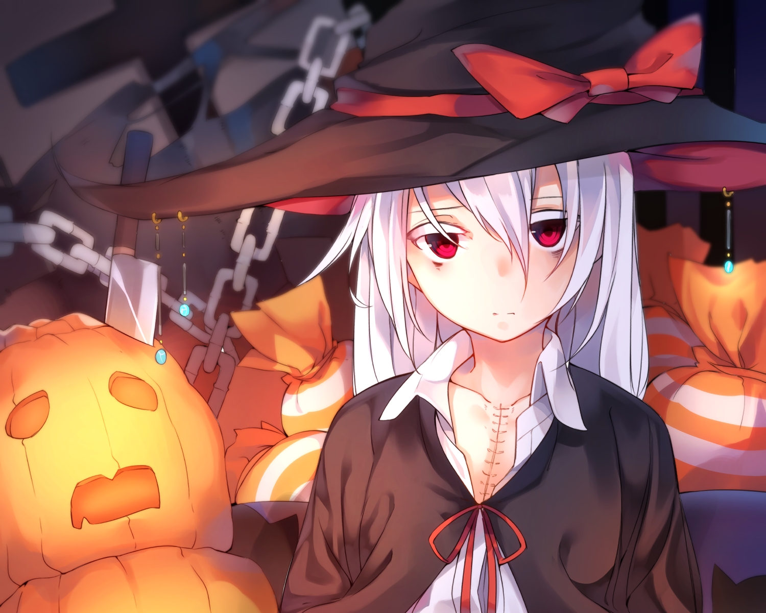 bow, chain, halloween, hat, knife, long_hair, original, otokuyou
