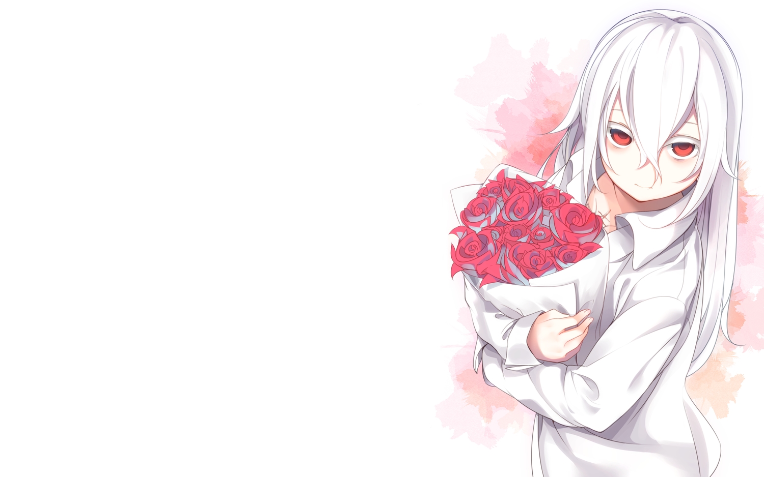 flowers, long_hair, original, otokuyou, red_eyes, shiroi_ko_(otokuyou), shirt, white