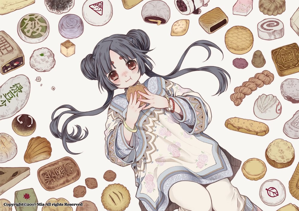 black_hair, blush, brown_eyes, food, long_hair, mia0309, original, twintails