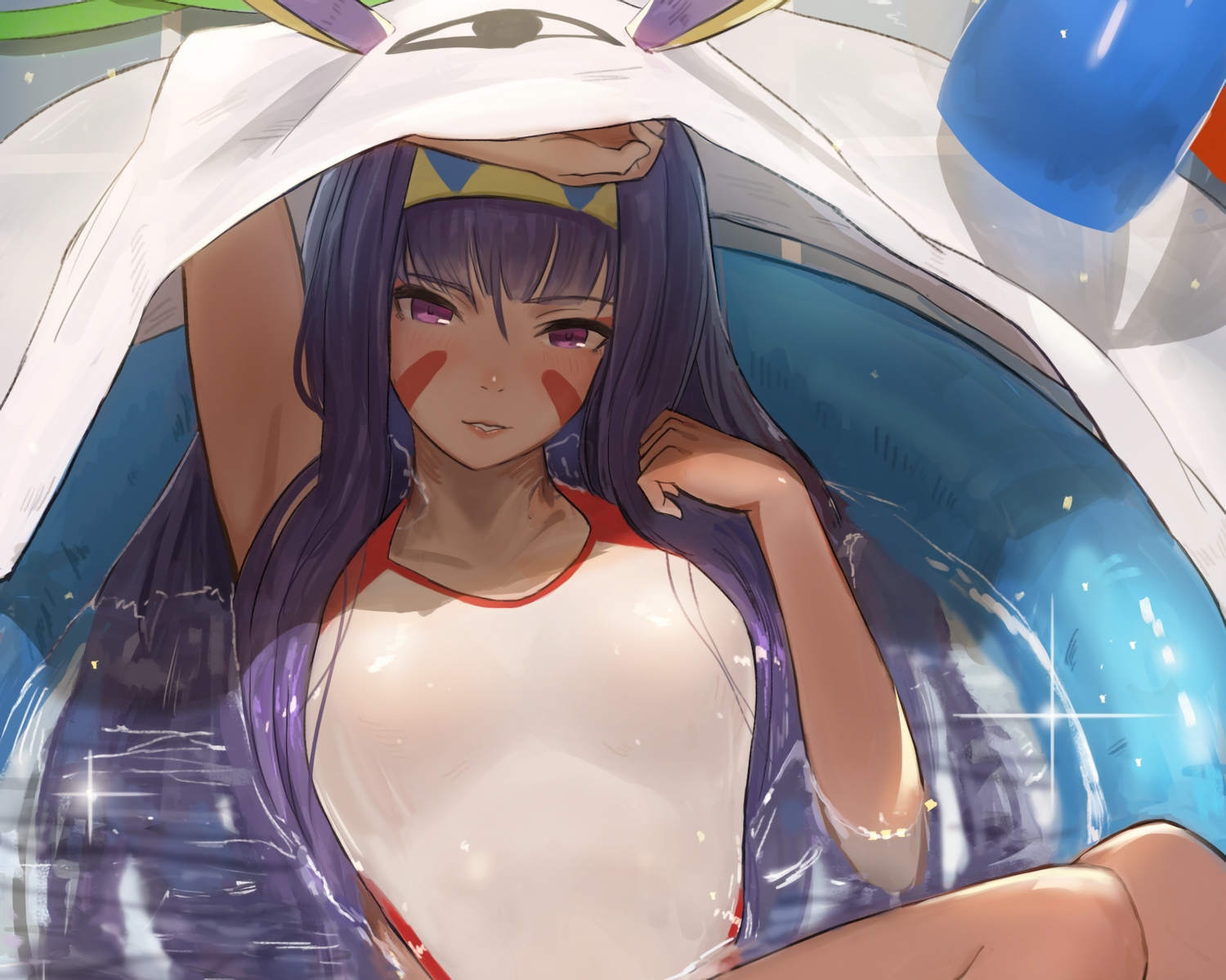 close, cropped, fate/grand_order, fate_(series), long_hair, nitocris_(fate/grand_order), pool, purple_eyes, purple_hair, reido_(reido_c), swimsuit, waifu2x, water