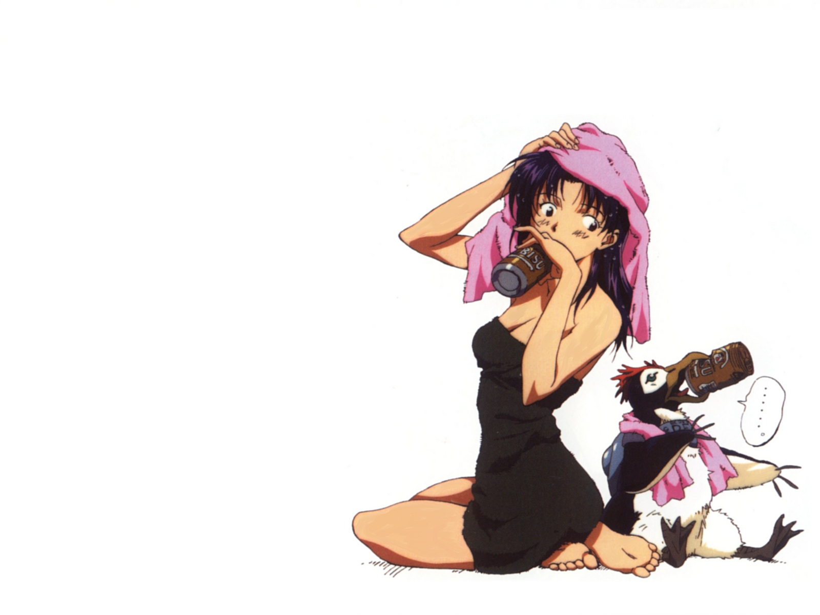 katsuragi_misato, neon_genesis_evangelion, penpen, towel, white