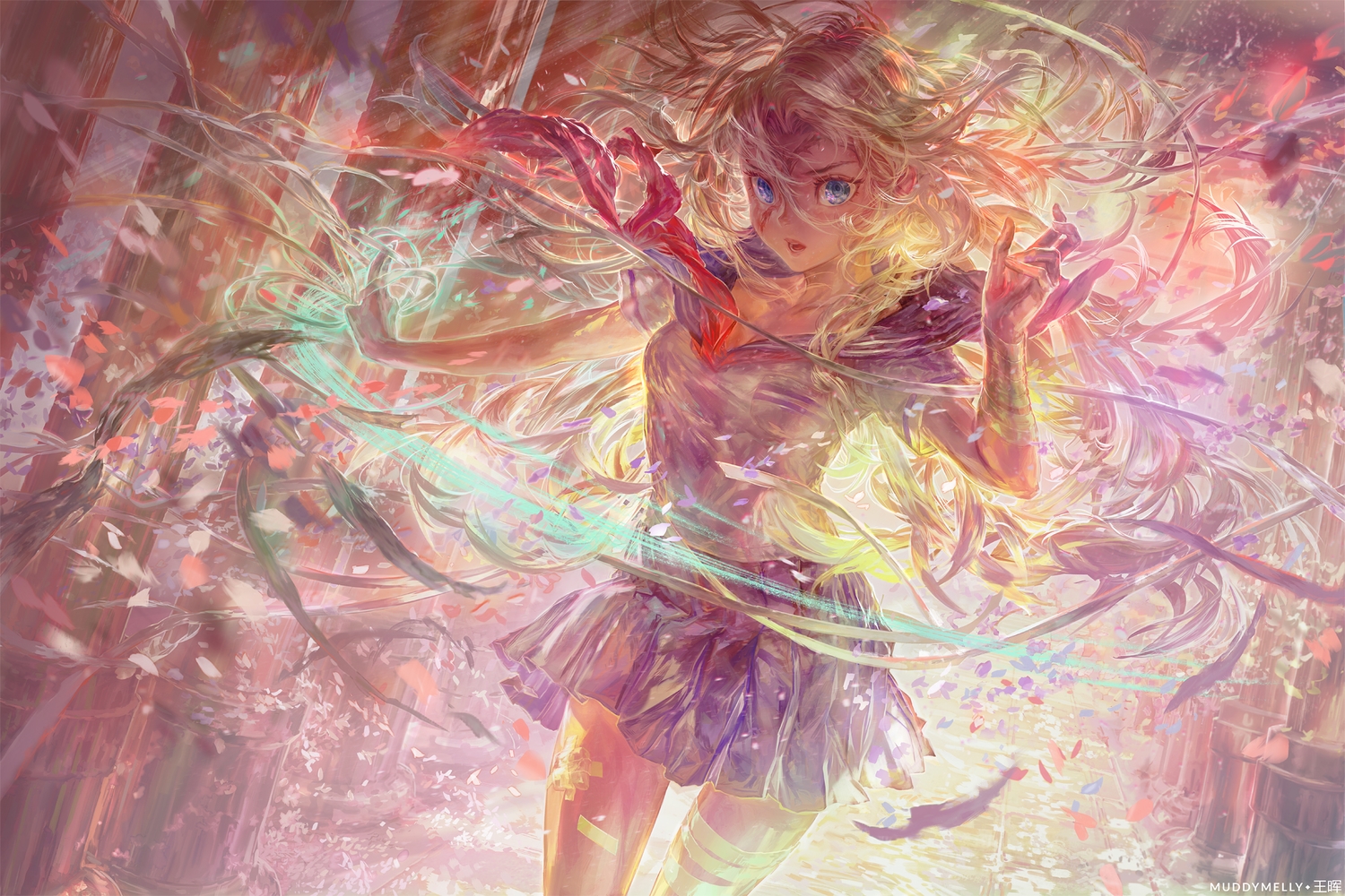 blonde_hair, blue_eyes, long_hair, muddymelly, original, scar, school_uniform, skirt