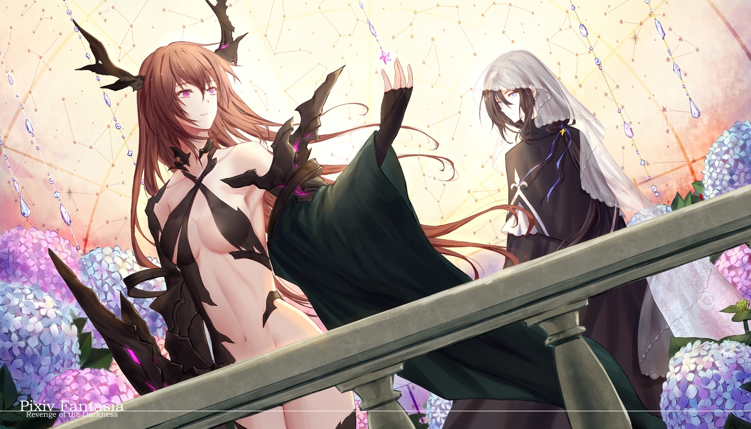 breasts, brown_hair, flowers, horns, original, pink_eyes, pixiv_fantasia, xing_muhen