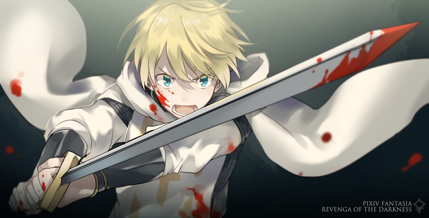 all_male, aqua_eyes, blonde_hair, blood, cape, male, original, pixiv_fantasia, short_hair, shuai, sword, weapon