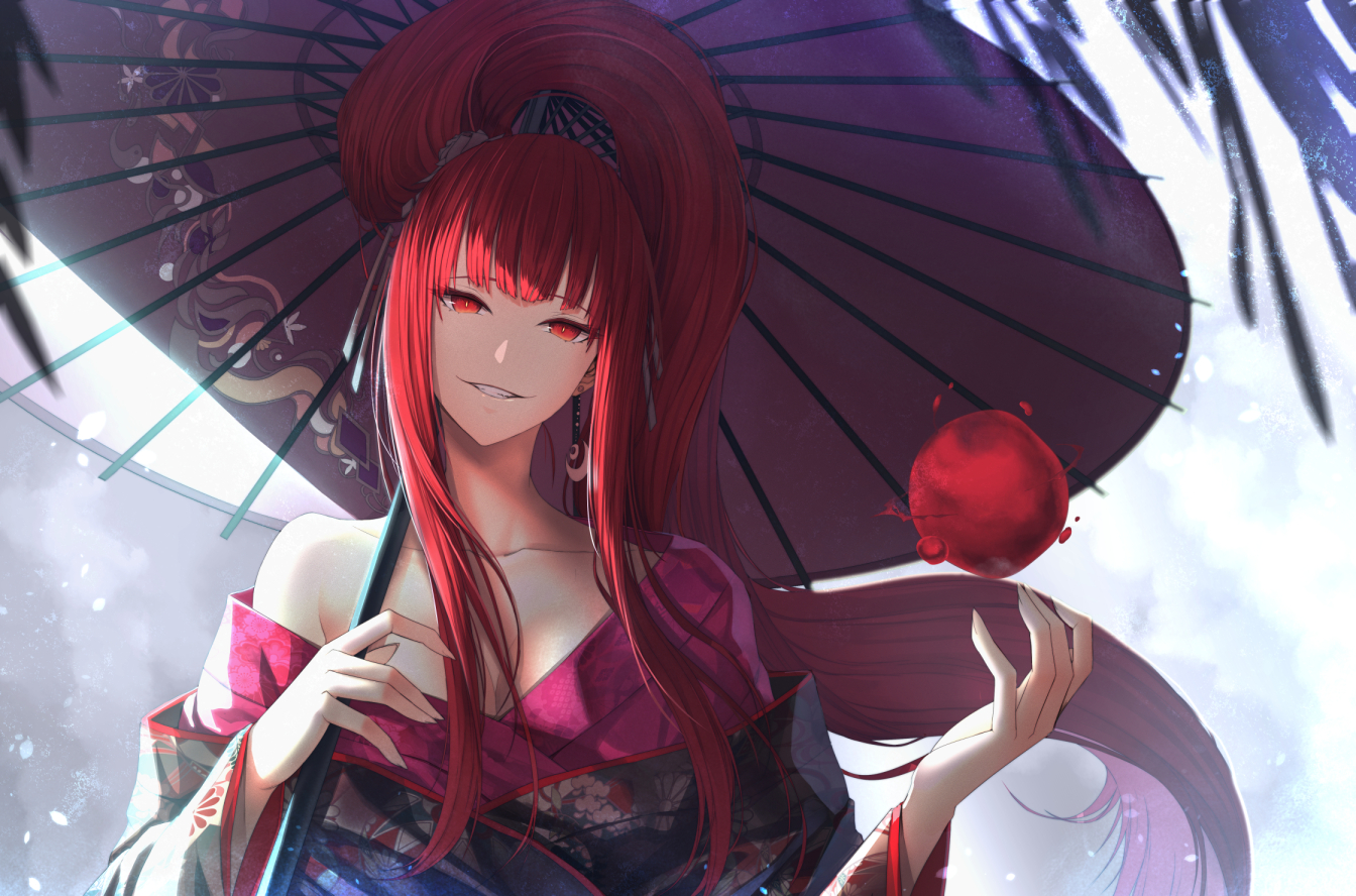 breasts, cleavage, japanese_clothes, limeblock, long_hair, no_bra, original, ponytail, red_eyes, red_hair, umbrella