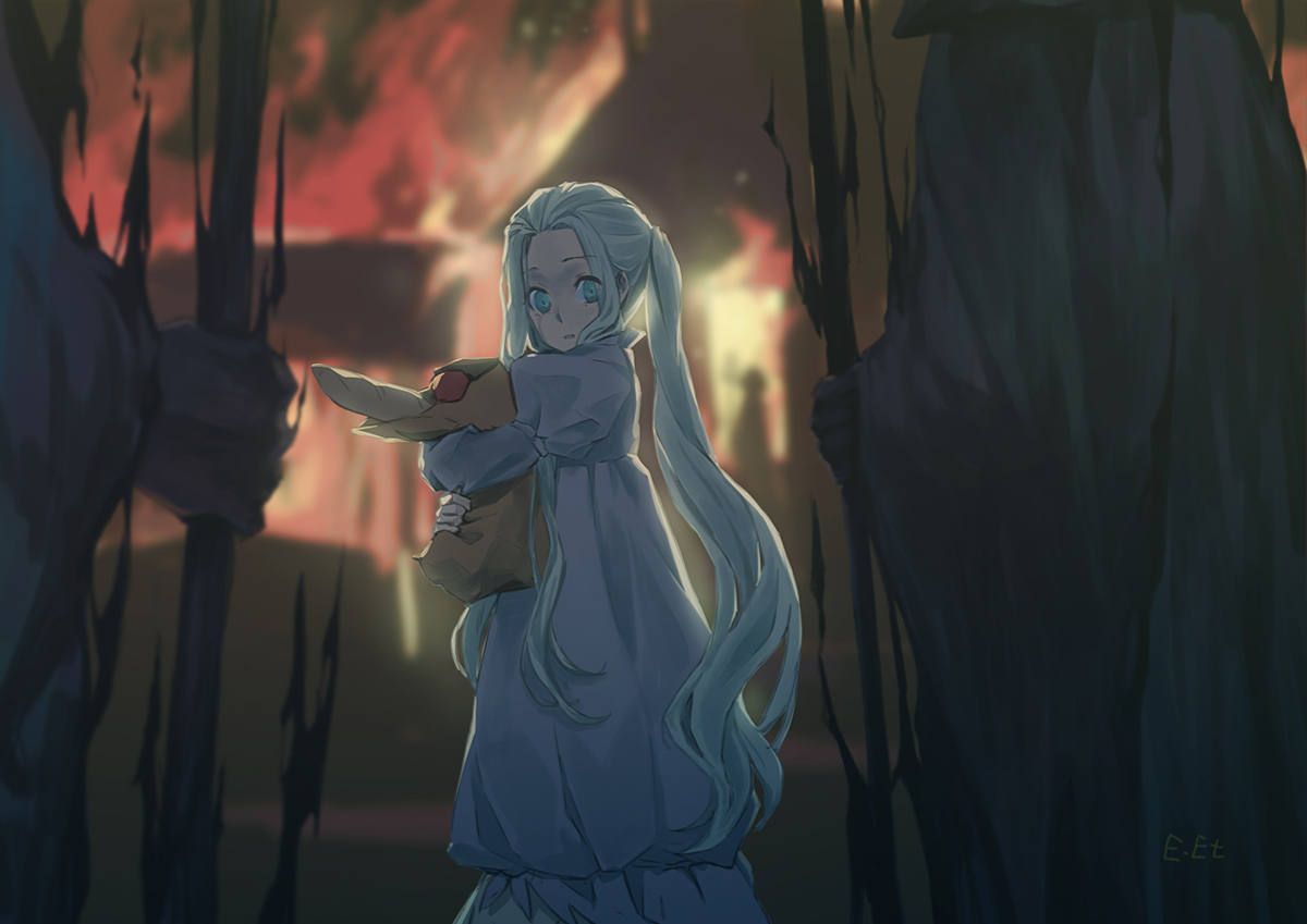 fire, food, green_eyes, green_hair, long_hair, original, pixiv_fantasia, shanpao