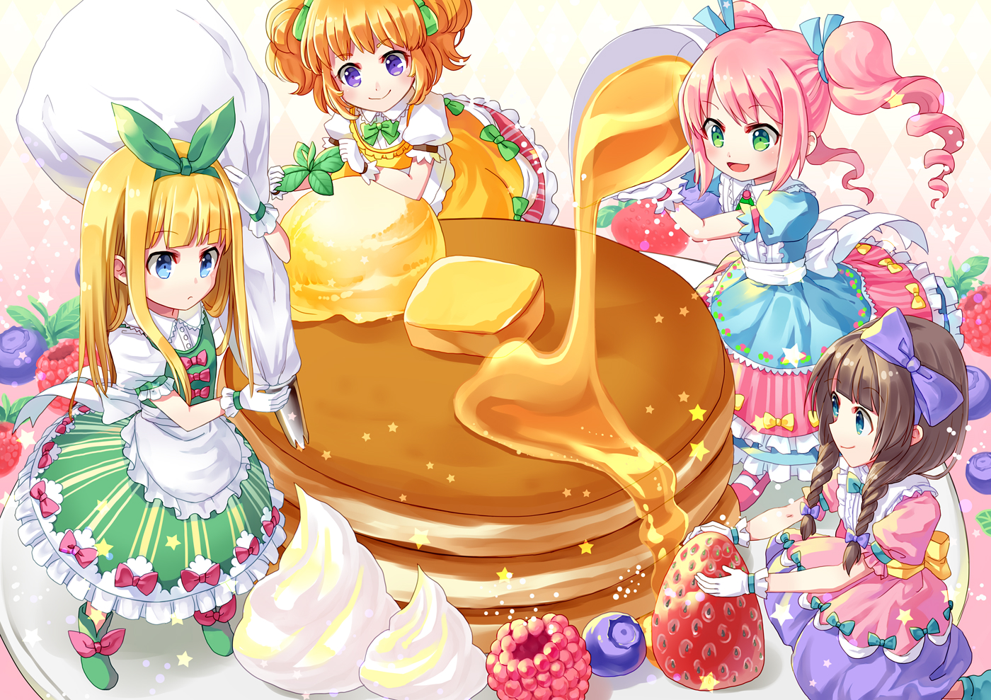 apron, aqua_eyes, blonde_hair, bow, braids, brown_hair, cake, coconat_summer