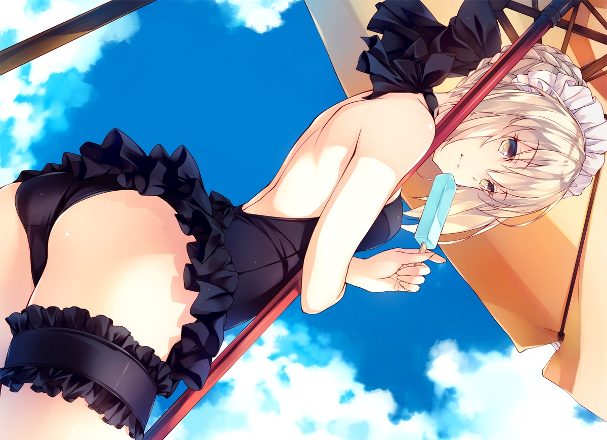 amami_mikihiro, artoria_pendragon_(all), ass, blonde_hair, clouds, fate/grand_order, fate_(series), headdress, popsicle, saber, saber_alter, short_hair, sky, swimsuit, umbrella, yellow_eyes