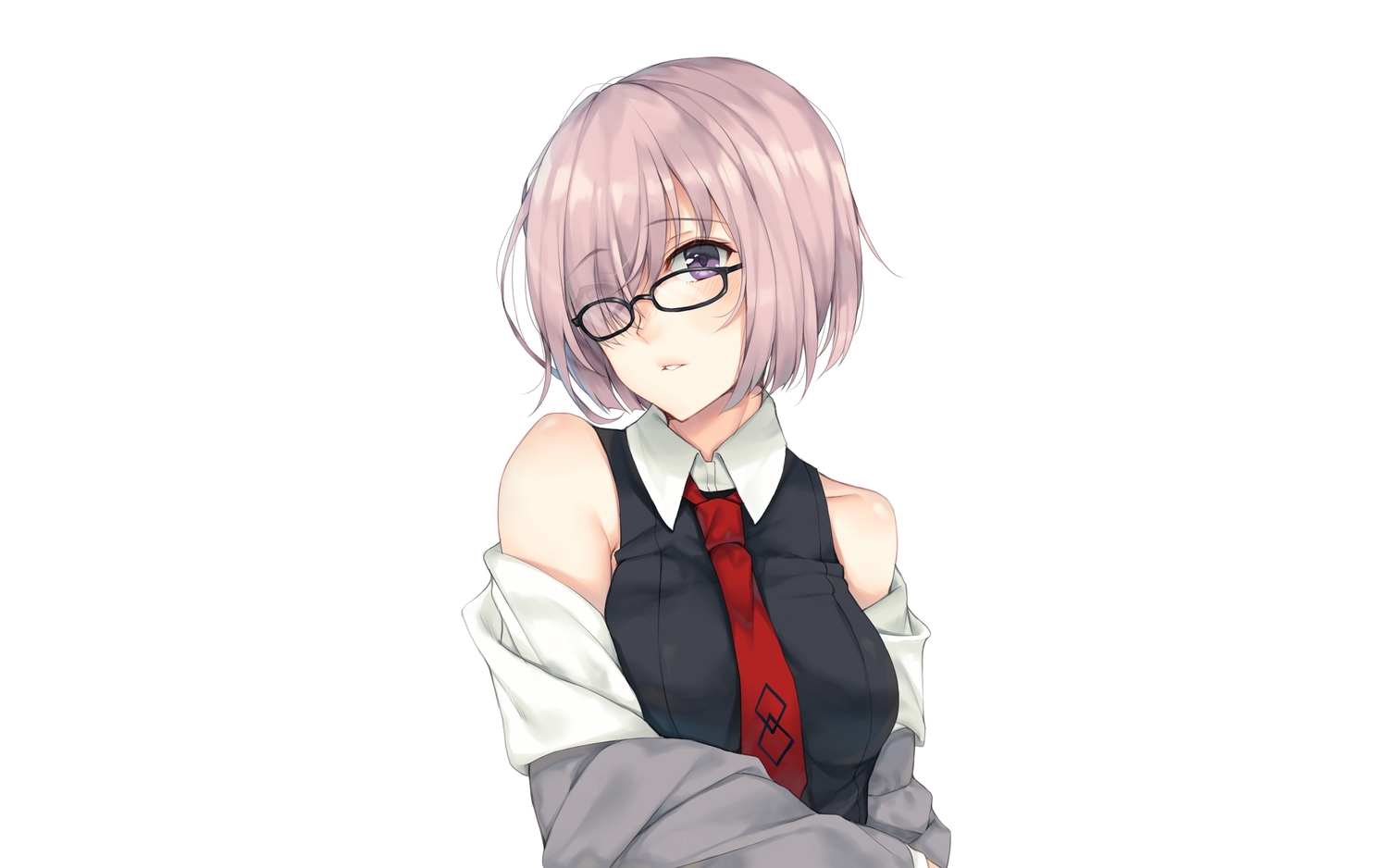 blush, fate/grand_order, fate_(series), glasses, mash_kyrielight, purple_eyes, rinarisa, short_hair, tie, white