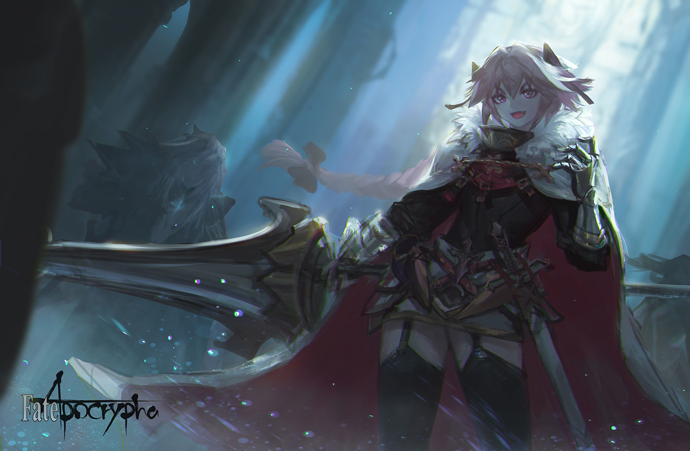 all_male, armor, astolfo, cape, dress, fang, fate/apocrypha, fate_(series), garter_belt, kang_kang_zi, male, otoko_no_ko, pink_eyes, pink_hair, stockings, sword, thighhighs, weapon