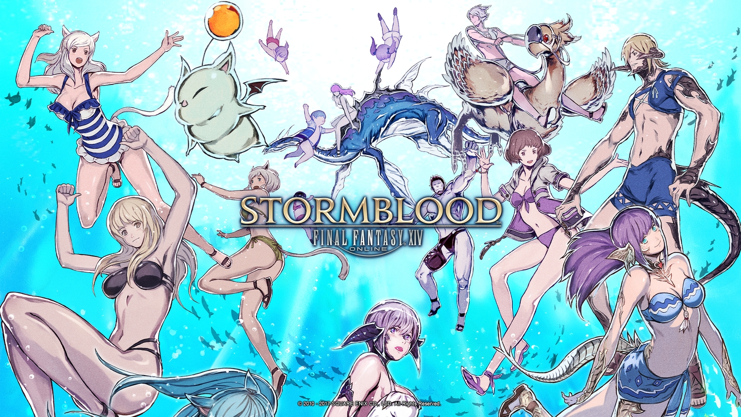 animal, animal_ears, au_ra, bikini, blonde_hair, blue_eyes, blue_hair, breasts