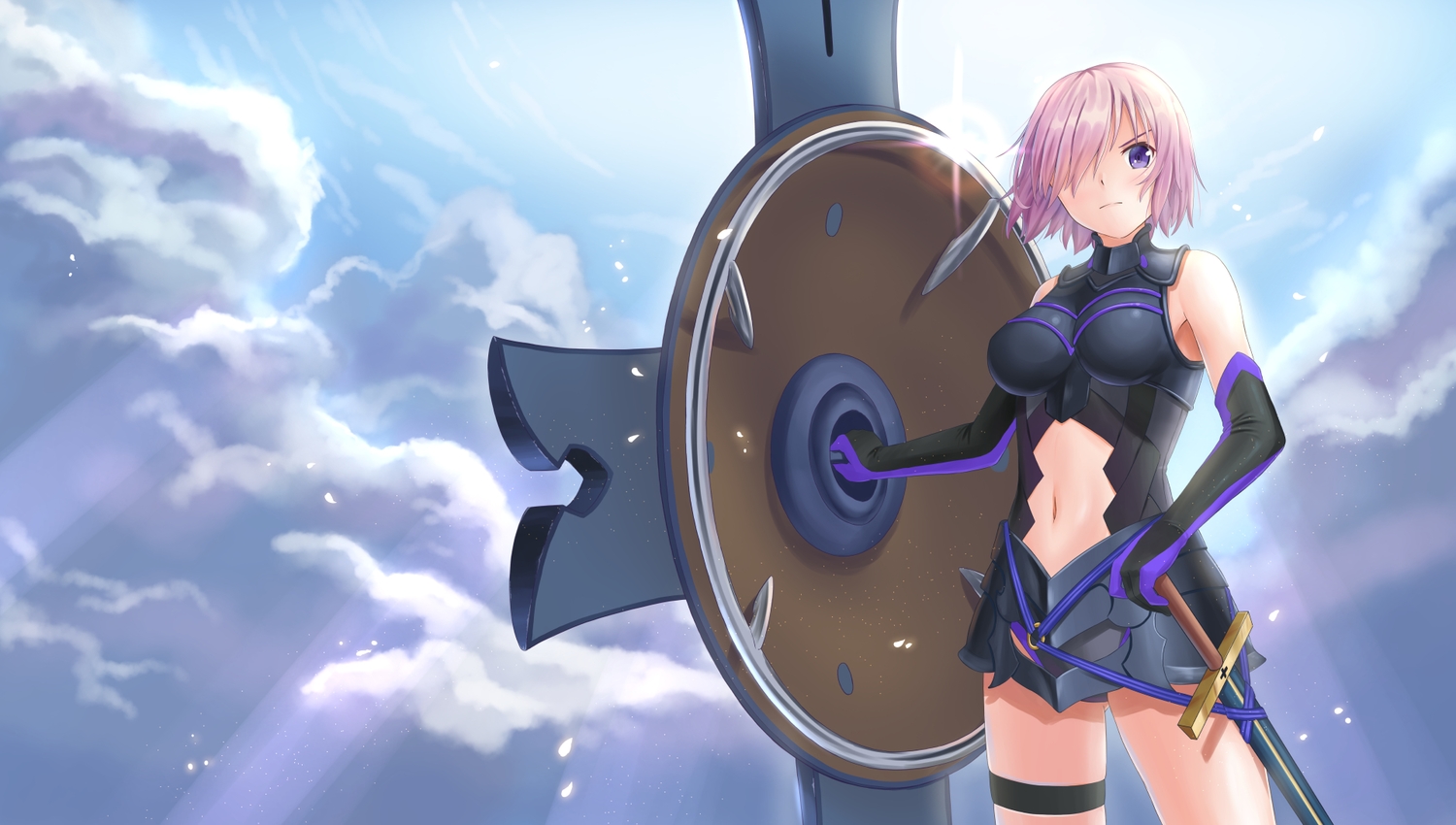 bodysuit, breasts, clouds, elbow_gloves, fate/grand_order, fate_(series), gloves, mash_kyrielight