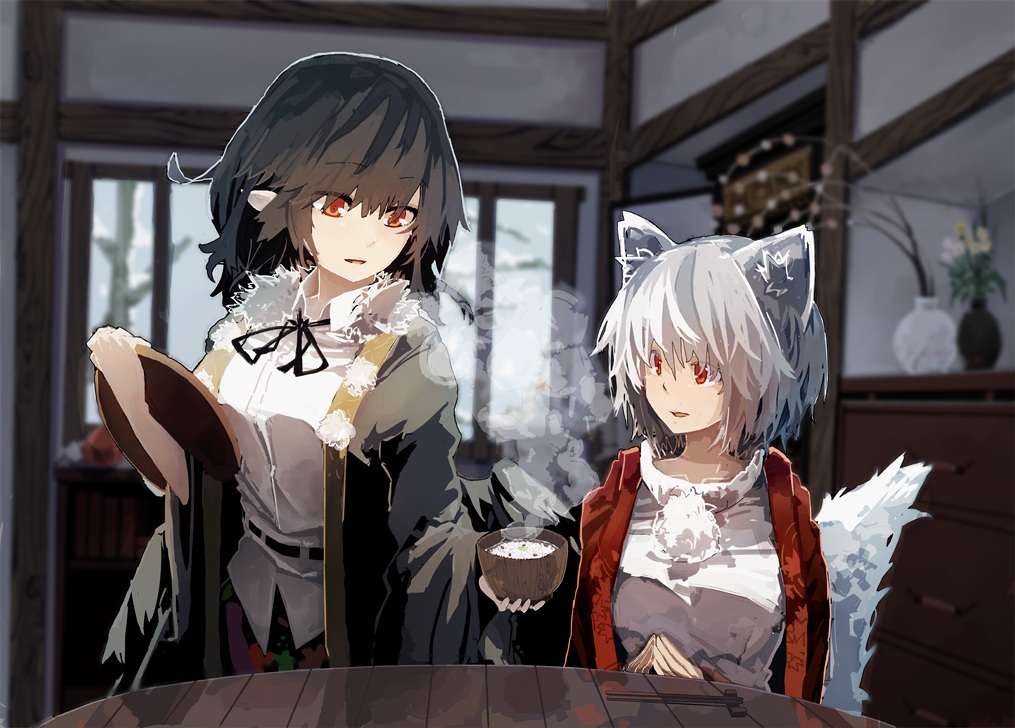 2girls, animal_ears, brown_hair, futatsuki_eru, gray_hair, inubashiri_momiji, orange_eyes, pointed_ears