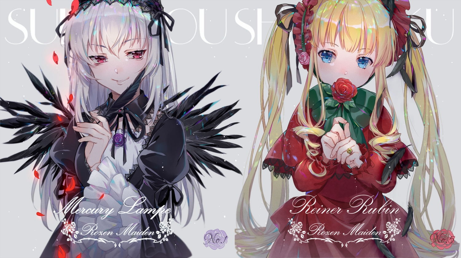 2girls, aqua_eyes, blonde_hair, blue_eyes, blush, ekita_kuro, feathers, flowers