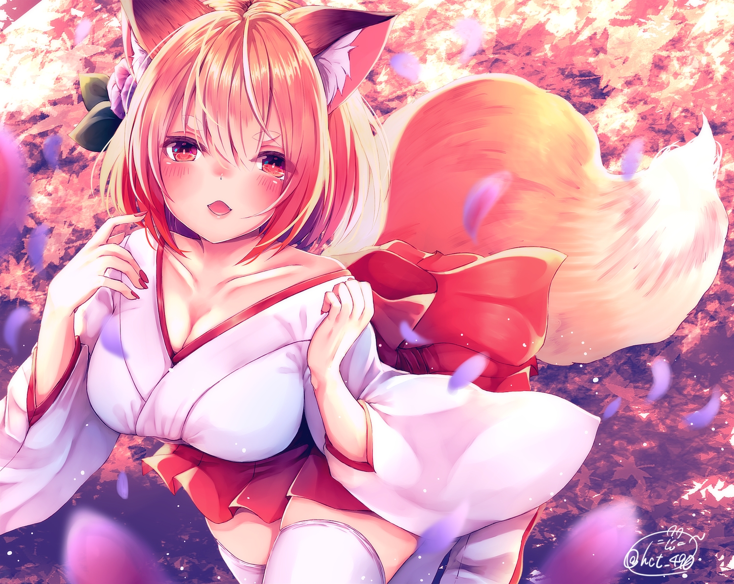 animal_ears, blush, breasts, chita_(ketchup), foxgirl, japanese_clothes, miko, original