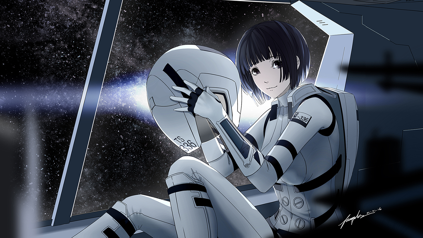 black_eyes, black_hair, bodysuit, hoshijiro_shizuka, houtachi, short_hair, sidonia_no_kishi, signed, space, stars