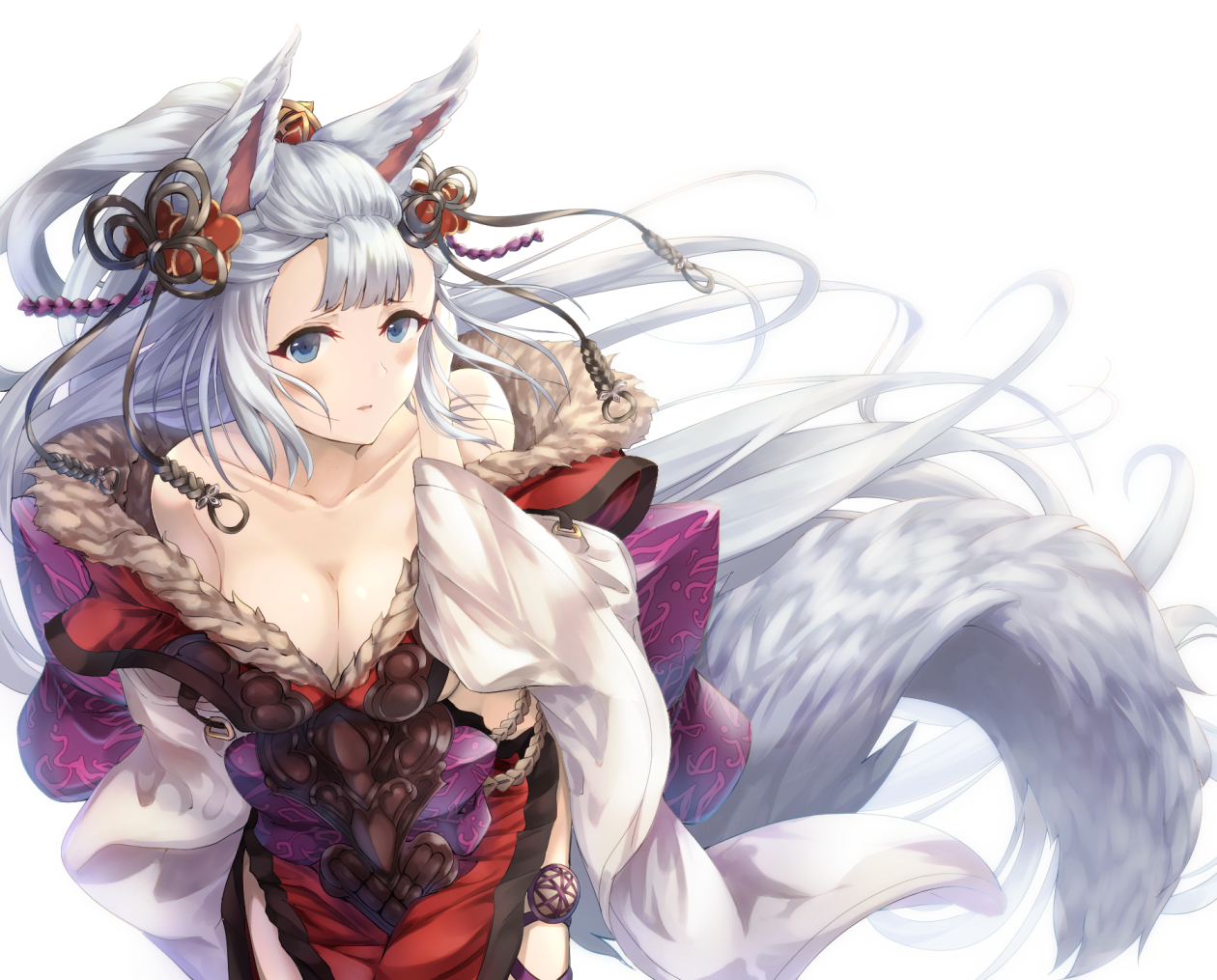 animal_ears, blue_eyes, blush, breasts, cleavage, coffee1223, foxgirl, granblue_fantasy, gray_hair, long_hair, societte_(granblue_fantasy), tail