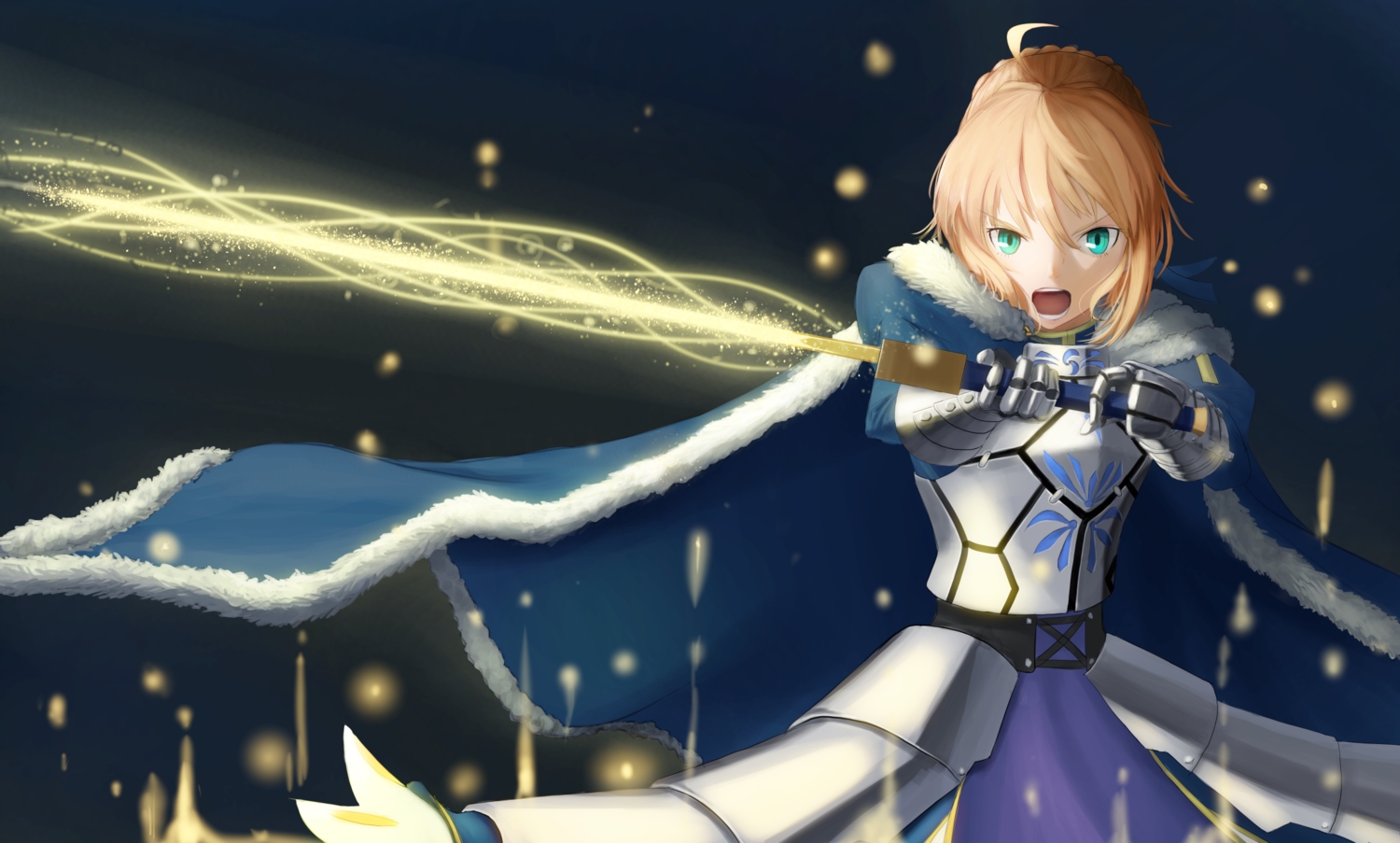 armor, artoria_pendragon_(all), blonde_hair, cape, fate_(series), fate/stay_night, gloves, green_eyes, izumo_(ton_63), saber, short_hair, sword, weapon