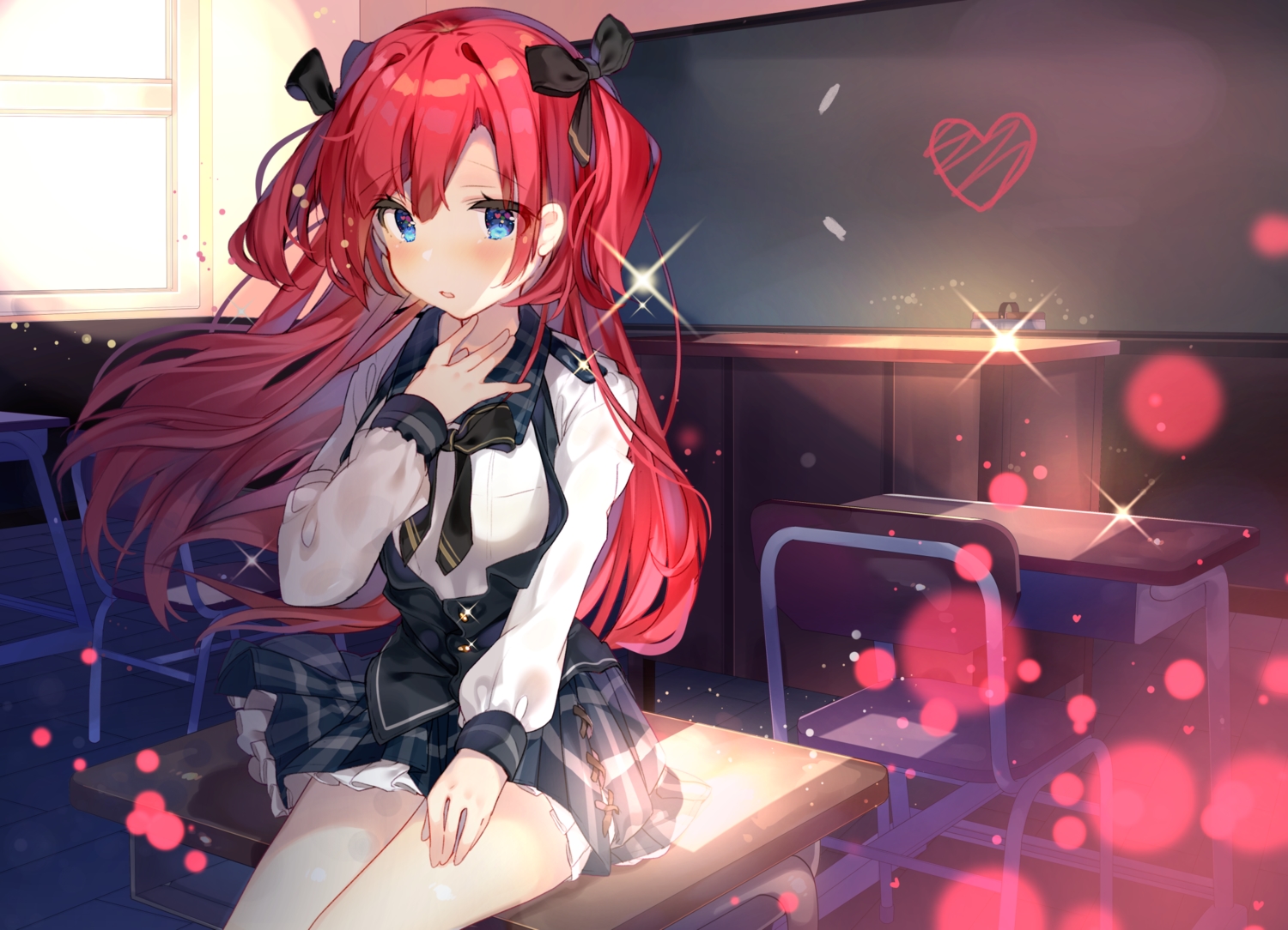 aqua_eyes, blue_eyes, blush, bow, kabako, long_hair, original, red_hair