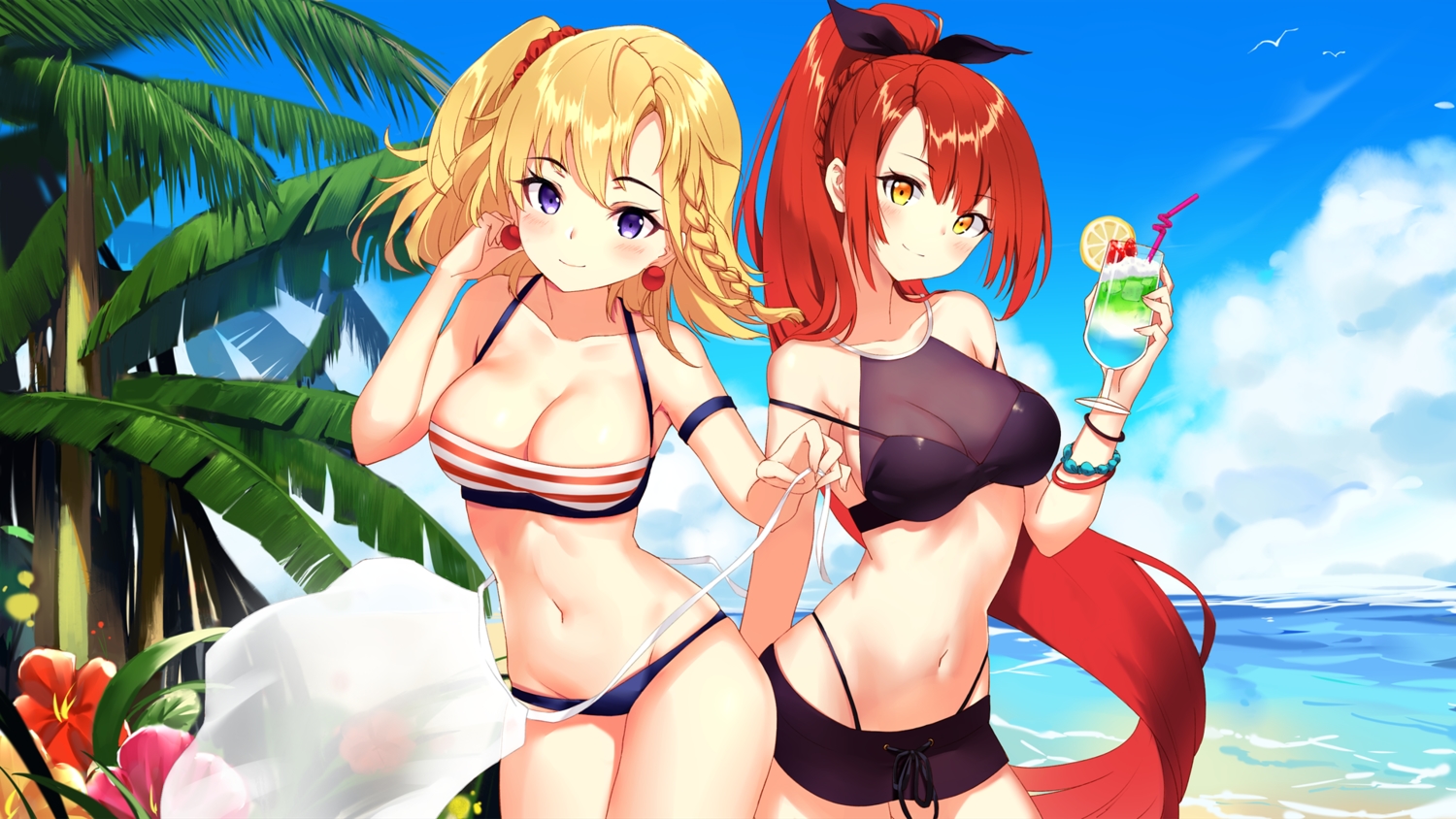 2girls, bai_banca, beach, bikini, blonde_hair, blush, breasts, clouds, drink, flowers, food, fruit, long_hair, navel, original, ponytail, purple_eyes, red_hair, short_hair, sky, swimsuit, yellow_eyes